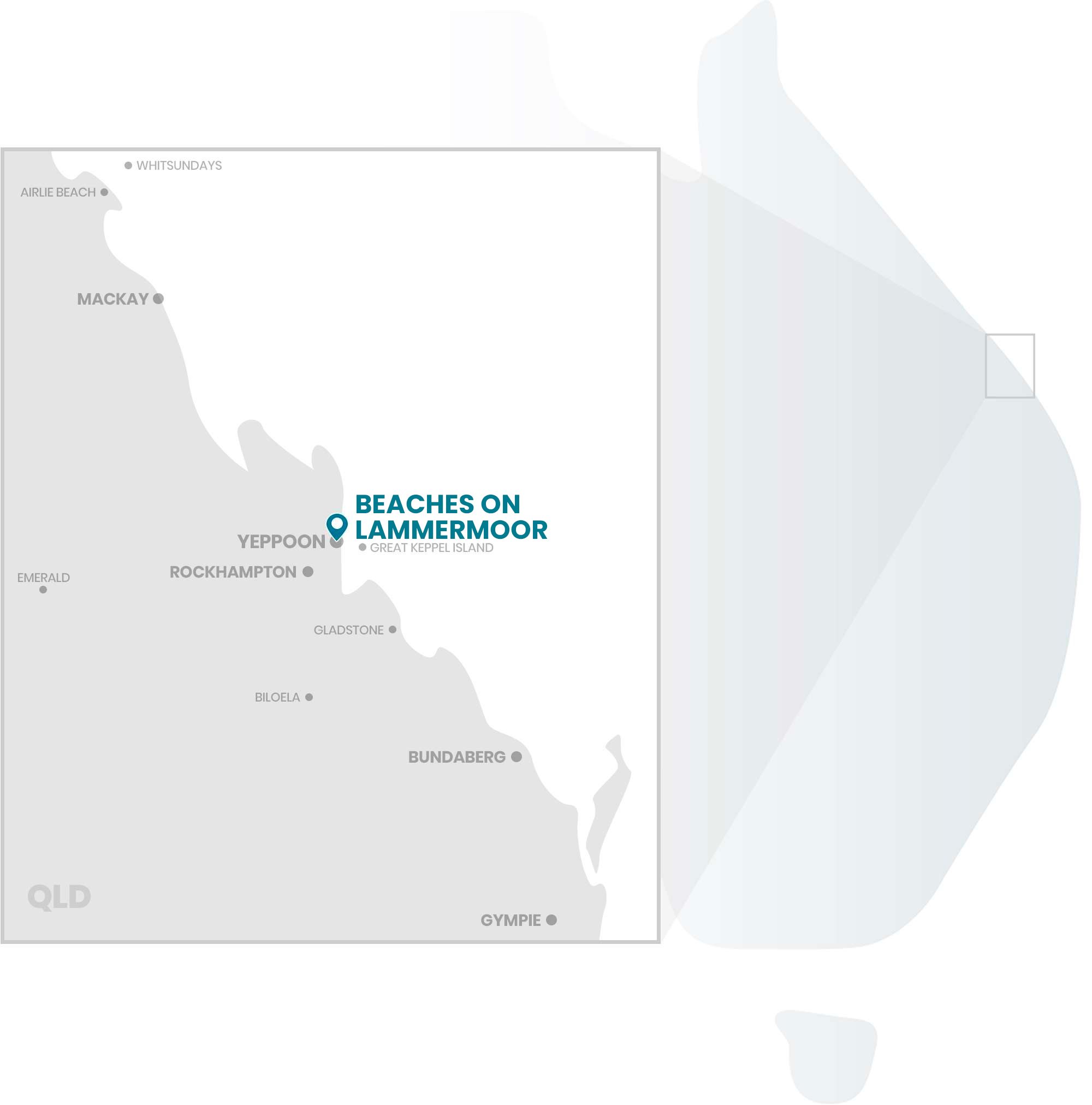 Map showing Beaches on Lammermoor location — close to Lammermoor Beach, Rosslyn Bay Marina, and Yeppoon town centre